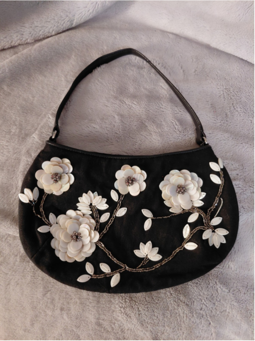 Ann Taylor Handbag Purse Black Linen Beaded Mother of Pearl Flowers